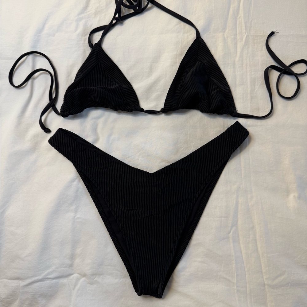 Frankie's Bikinis Black Ribbed Bikini Set